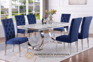 Set Meja Makan Minimlis Kursi 6 Stainless Top Marmer Carrara Italy FM-237