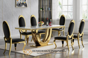 Meja Makan Stainless Mewah Gold Top Marmer Carrara FM-248